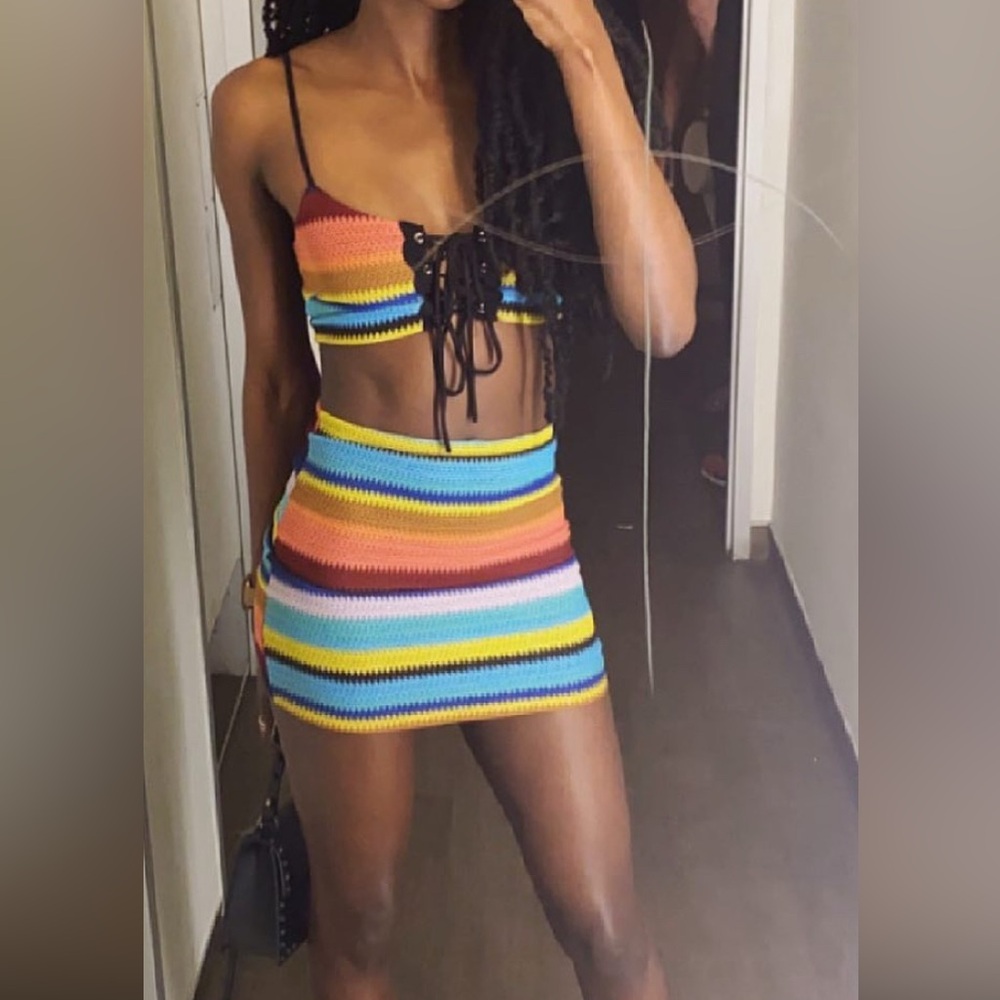 Colorful Striped Crop Top and Skirt Set